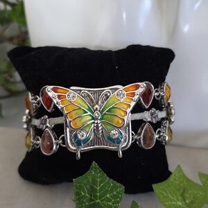 Silver Bohemian Enamel Butterfly and Flower Bracelet Magnetic Clasp